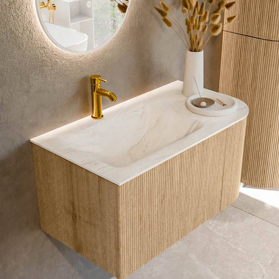 Mondiaz KURVE-DLUX 85 cm Onderkast Greeploos 1 Lade Met Deuren Oak Wastafel Solid Surface Links Ostra 1 Kraangat Zonder Spiegel (KRVCLO85R1L1D1KL-Oak Ost)