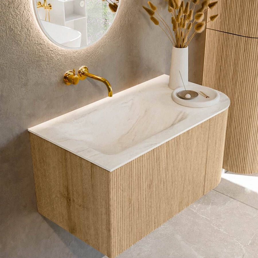 Mondiaz KURVE-DLUX 85cm badmeubel met module 25 R kleur Oak met 1 lade en 1 deur. Wastafel CLOUD links zonder kraangat kleur Ostra. KRVCLO85R1L1D0KL-Oak Ost