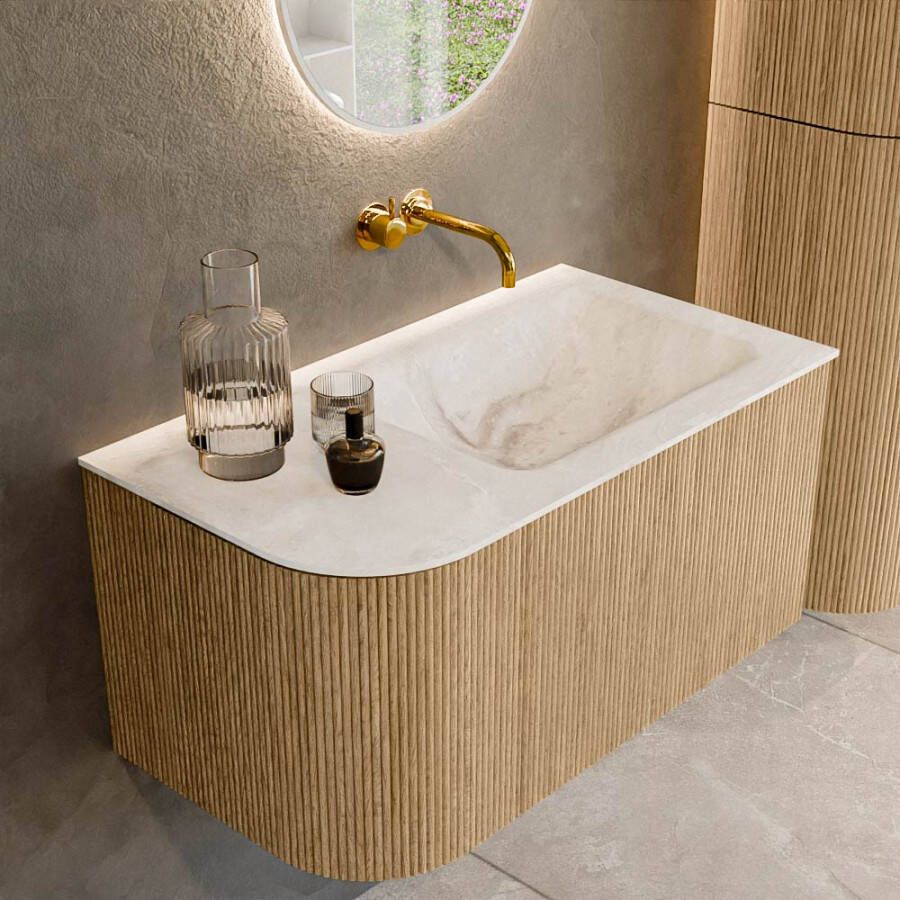 Mondiaz KURVE-DLUX 85 cm Onderkast Greeploos 1 Lade Met Deuren Oak Wastafel Solid Surface Rechts Frappe 0 Kraangaten Zonder Spiegel (KRVCLO85L1L1D0KR-Oak Fra)