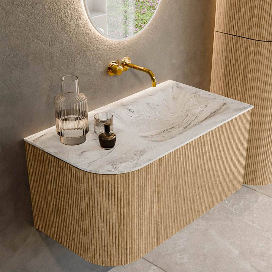 Mondiaz KURVE-DLUX 85cm badmeubel met module 25 L kleur Oak met 1 lade en 1 deur. Wastafel CLOUD rechts zonder kraangat kleur Glace. KRVCLO85L1L1D0KR-Oak Gla