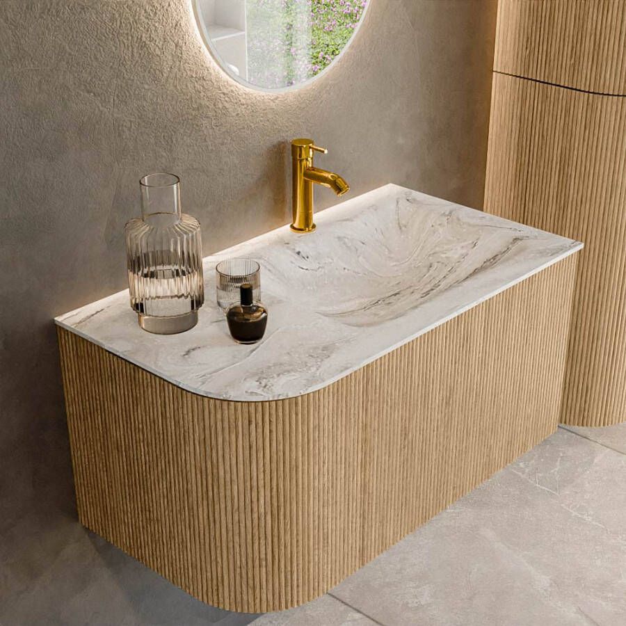 Mondiaz KURVE-DLUX 85 cm Onderkast Greeploos 1 Lade Met Deuren Oak Wastafel Solid Surface Rechts Glace 1 Kraangat Zonder Spiegel (KRVCLO85L1L1D1KR-Oak Gla)