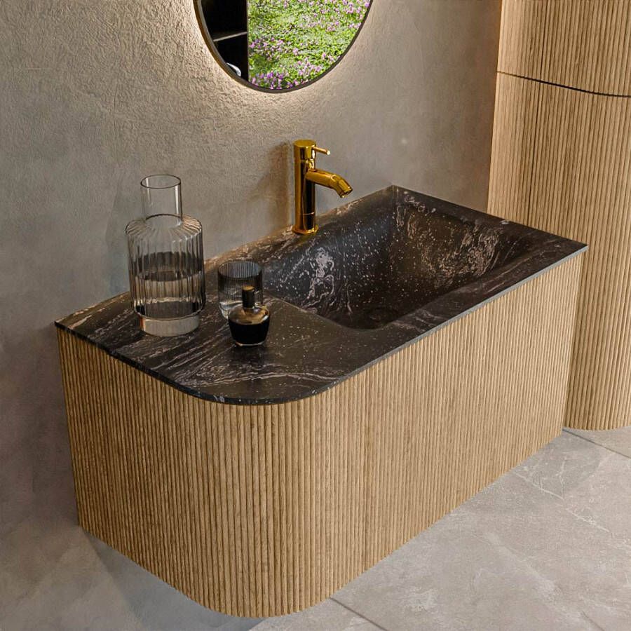 Mondiaz KURVE-DLUX 85 cm Onderkast Greeploos 1 Lade Met Deuren Oak Wastafel Solid Surface Rechts Lava 1 Kraangat Zonder Spiegel (KRVCLO85L1L1D1KR-Oak Lav)