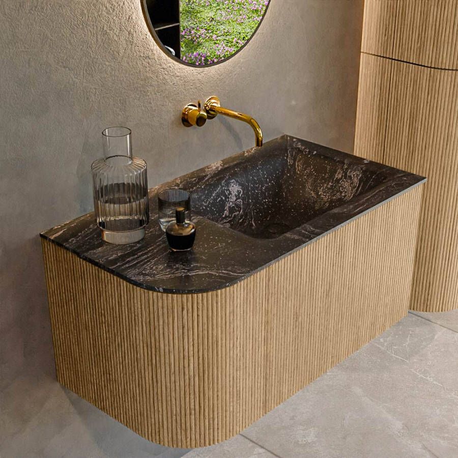 Mondiaz KURVE-DLUX 85 cm Onderkast Greeploos 1 Lade Met Deuren Oak Wastafel Solid Surface Rechts Lava 0 Kraangaten Zonder Spiegel (KRVCLO85L1L1D0KR-Oak Lav)