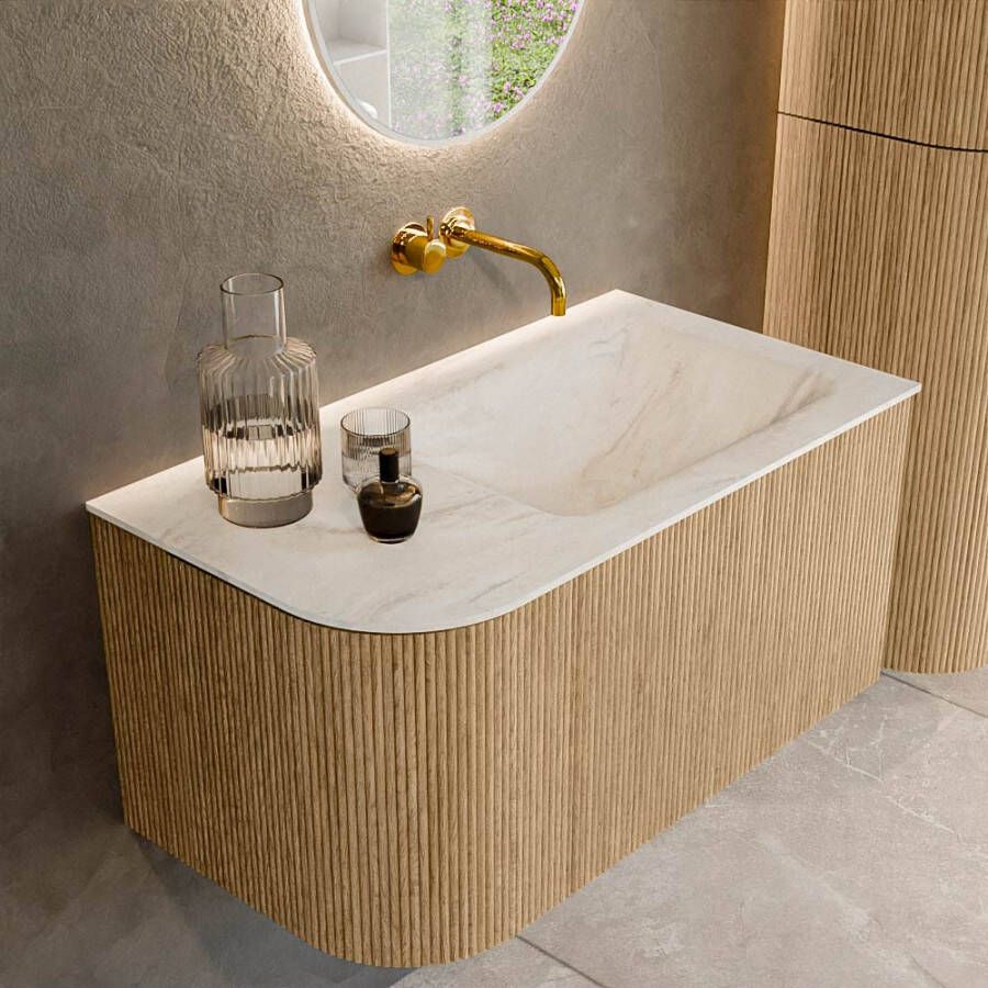 Mondiaz KURVE-DLUX 85cm badmeubel met module 25 L kleur Oak met 1 lade en 1 deur. Wastafel CLOUD rechts zonder kraangat kleur Ostra. KRVCLO85L1L1D0KR-Oak Ost