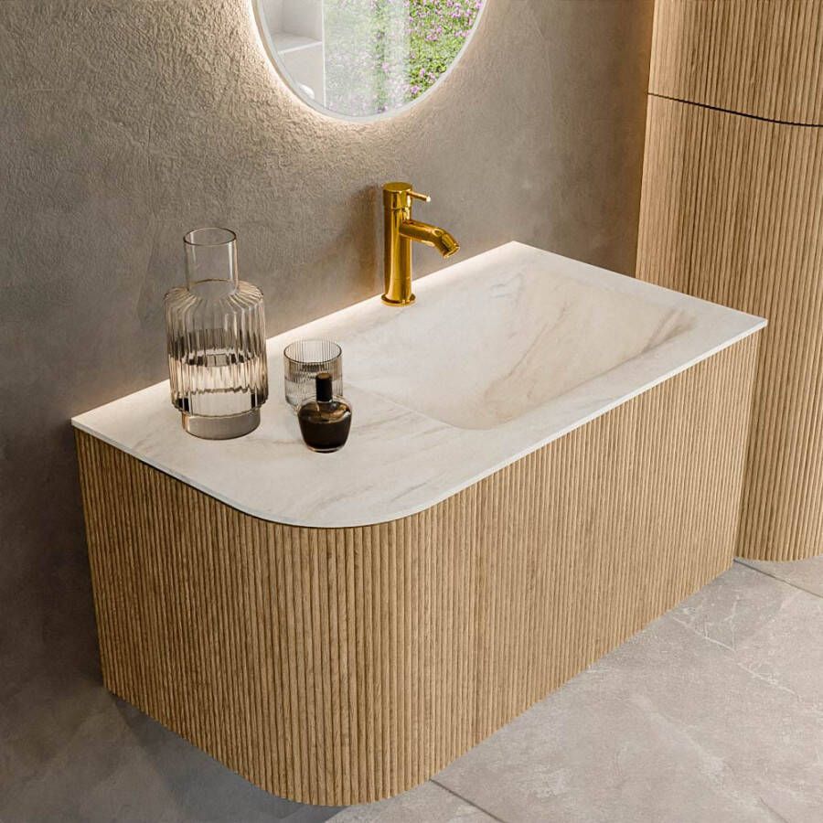 Mondiaz KURVE-DLUX 85 cm Onderkast Greeploos 1 Lade Met Deuren Oak Wastafel Solid Surface Rechts Ostra 1 Kraangat Zonder Spiegel (KRVCLO85L1L1D1KR-Oak Ost)