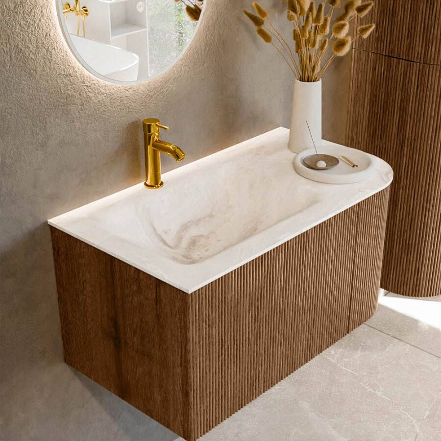 Mondiaz KURVE-DLUX 85 cm Onderkast Greeploos 1 Lade Met Deuren Walnut Wastafel Solid Surface Links Frappe 1 Kraangat Zonder Spiegel (KRVCLO85R1L1D1KL-Wal Fra)
