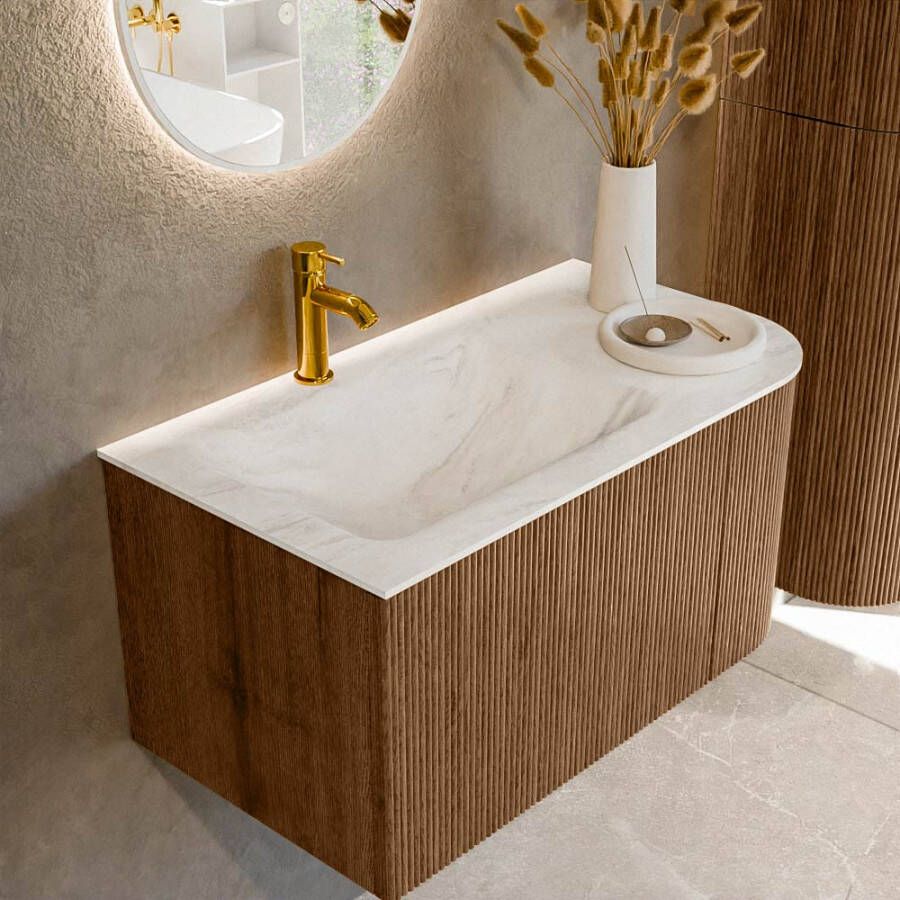 Mondiaz KURVE-DLUX 85 cm Onderkast Greeploos 1 Lade Met Deuren Walnut Wastafel Solid Surface Links Ostra 1 Kraangat Zonder Spiegel (KRVCLO85R1L1D1KL-Wal Ost)