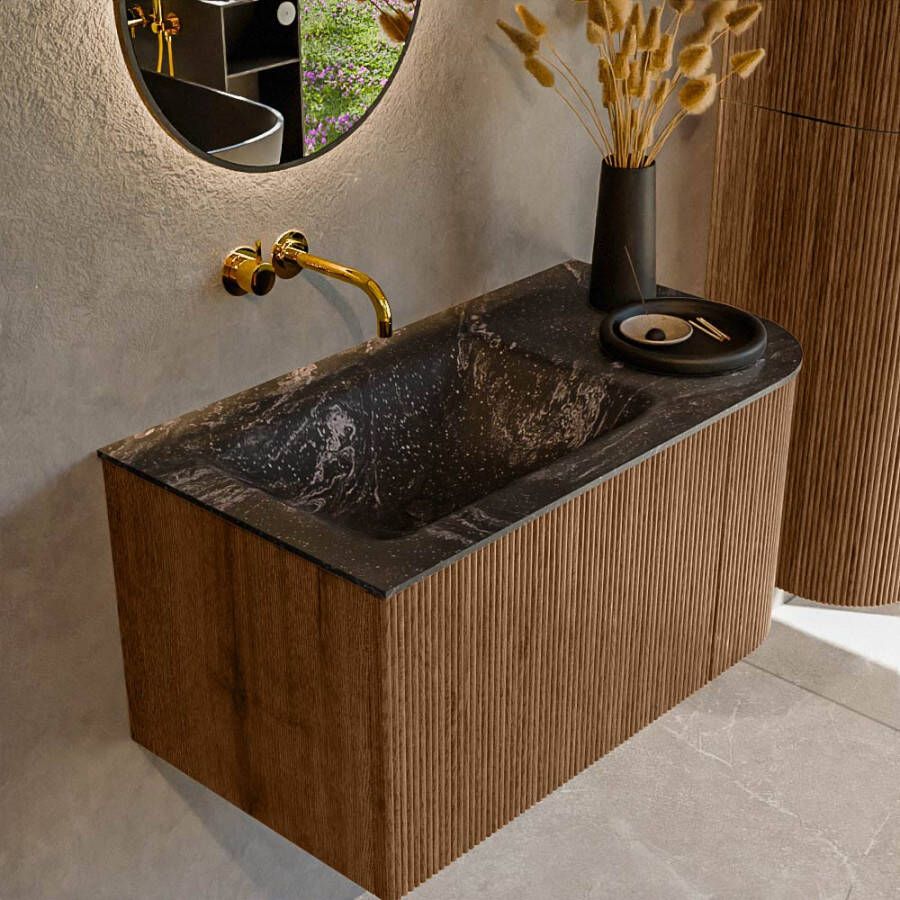 Mondiaz KURVE-DLUX 85 cm Onderkast Greeploos 1 Lade Met Deuren Walnut Wastafel Solid Surface Links Lava 0 Kraangaten Zonder Spiegel (KRVCLO85R1L1D0KL-Wal Lav)