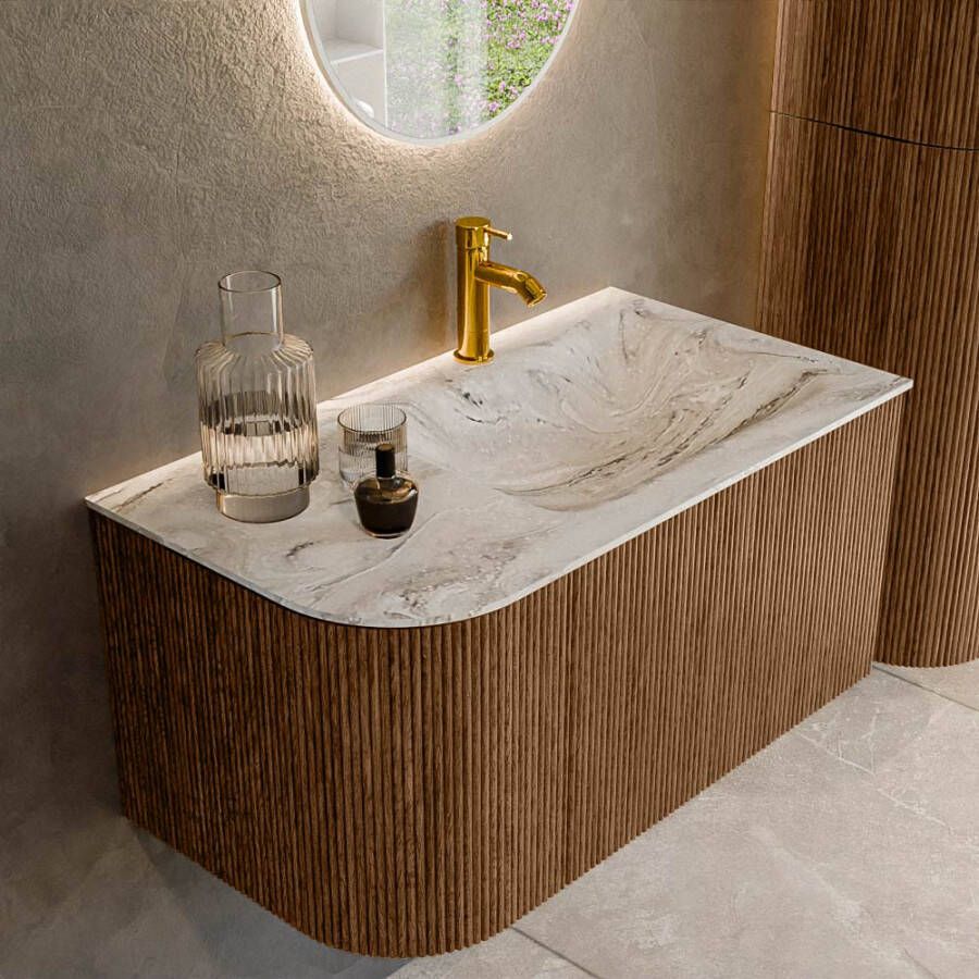 Mondiaz KURVE-DLUX 85 cm Onderkast Greeploos 1 Lade Met Deuren Walnut Wastafel Solid Surface Rechts Glace 1 Kraangat Zonder Spiegel (KRVCLO85L1L1D1KR-Wal Gla)