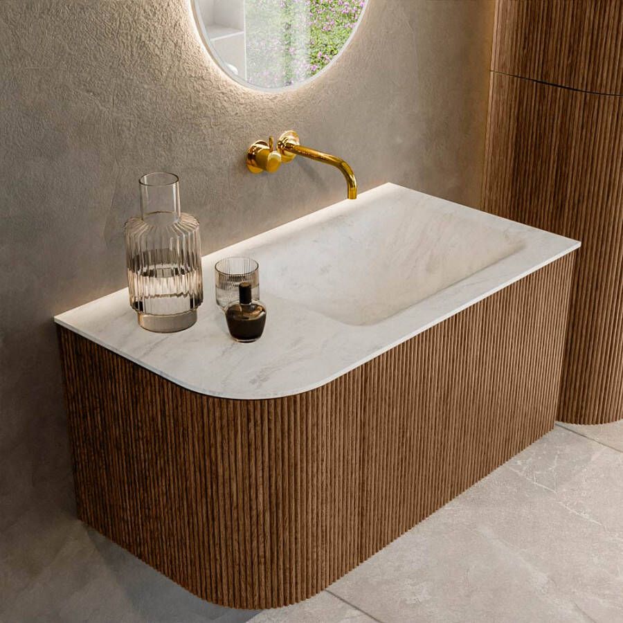 Mondiaz KURVE-DLUX 85cm badmeubel met module 25 L kleur Walnut met 1 lade en 1 deur. Wastafel CLOUD rechts zonder kraangat kleur Opalo. KRVCLO85L1L1D0KR-Wal Opa