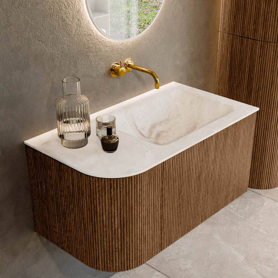 Mondiaz KURVE-DLUX 85cm badmeubel met module 25 L kleur Walnut met 1 lade en 1 deur. Wastafel CLOUD rechts zonder kraangat kleur Frappe. KRVCLO85L1L1D0KR-Wal Fra