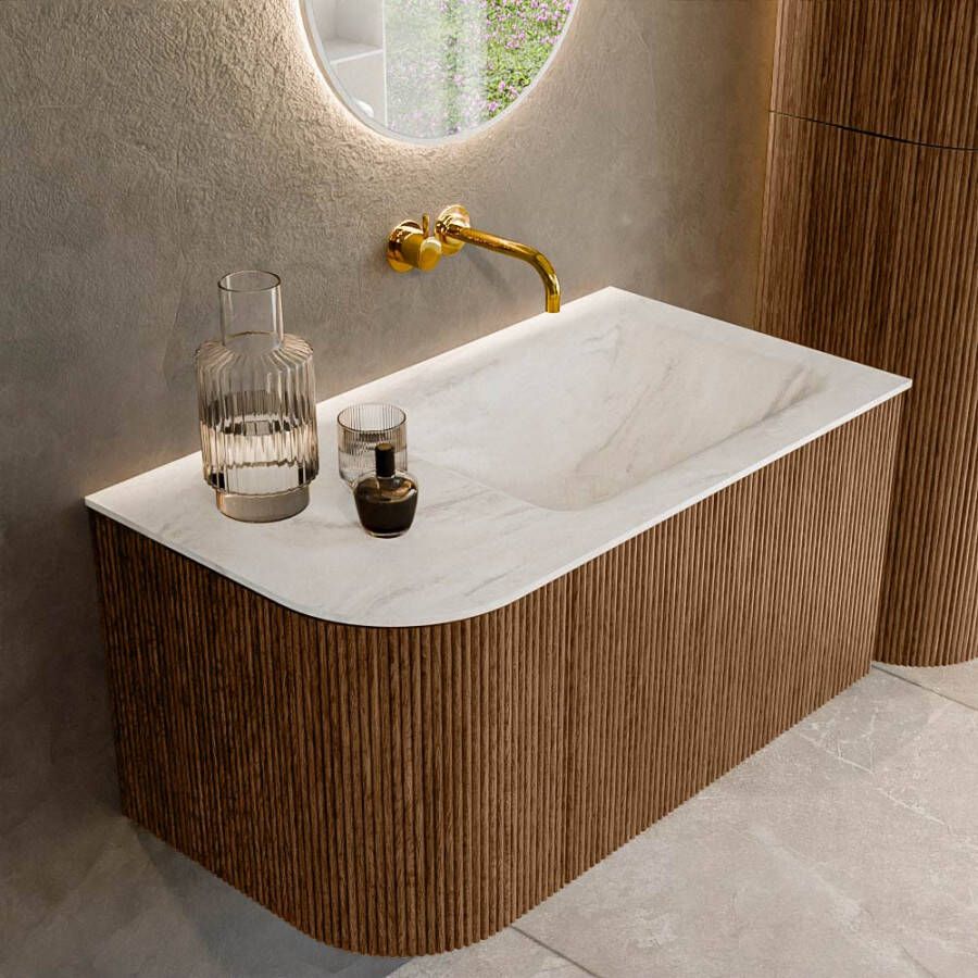 Mondiaz KURVE-DLUX 85cm badmeubel met module 25 L kleur Walnut met 1 lade en 1 deur. Wastafel CLOUD rechts zonder kraangat kleur Ostra. KRVCLO85L1L1D0KR-Wal Ost