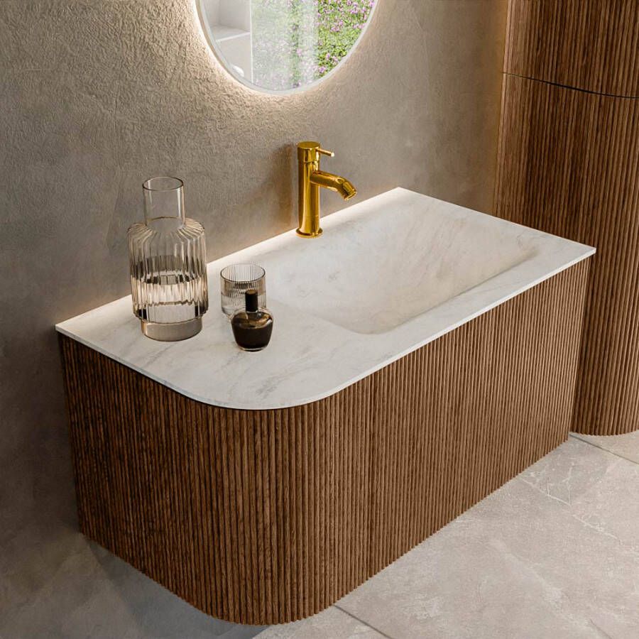 Mondiaz KURVE-DLUX 85 cm Onderkast Greeploos 1 Lade Met Deuren Walnut Wastafel Solid Surface Rechts Opalo 1 Kraangat Zonder Spiegel (KRVCLO85L1L1D1KR-Wal Opa)