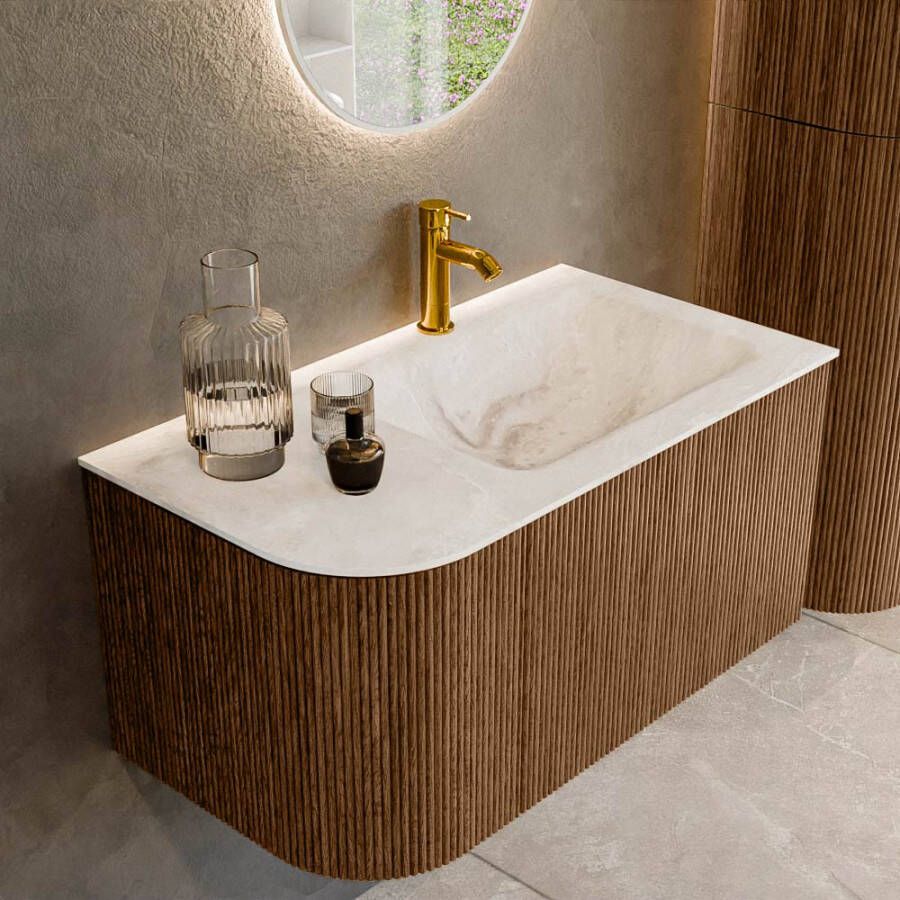 Mondiaz KURVE-DLUX 85 cm Onderkast Greeploos 1 Lade Met Deuren Walnut Wastafel Solid Surface Rechts Frappe 1 Kraangat Zonder Spiegel (KRVCLO85L1L1D1KR-Wal Fra)