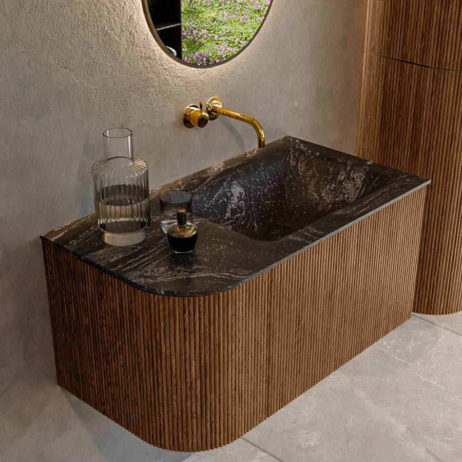 Mondiaz KURVE-DLUX 85 cm Onderkast Greeploos 1 Lade Met Deuren Walnut Wastafel Solid Surface Rechts Lava 0 Kraangaten Zonder Spiegel (KRVCLO85L1L1D0KR-Wal Lav)