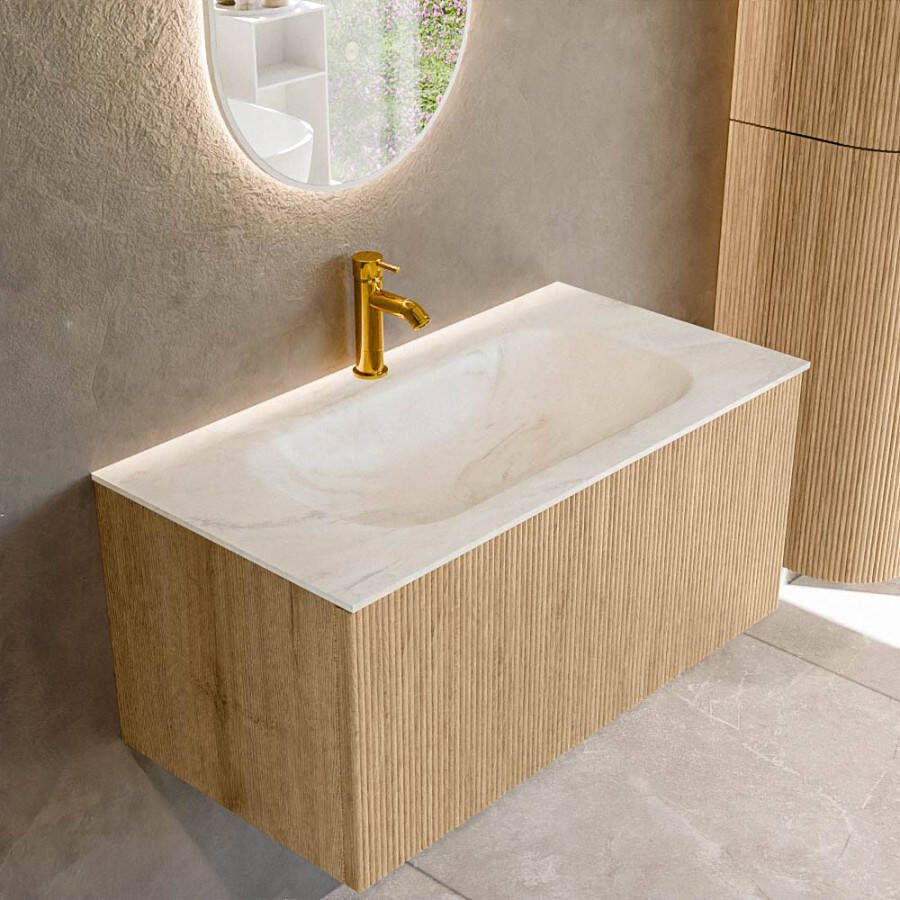 Mondiaz KURVE-DLUX 90 cm Onderkast Greeploos 1 Lade Zonder Deuren Oak Wastafel Solid Surface Midden Ostra 1 Kraangat Zonder Spiegel (KRVBGS901L0D1KM-Oak Ost)