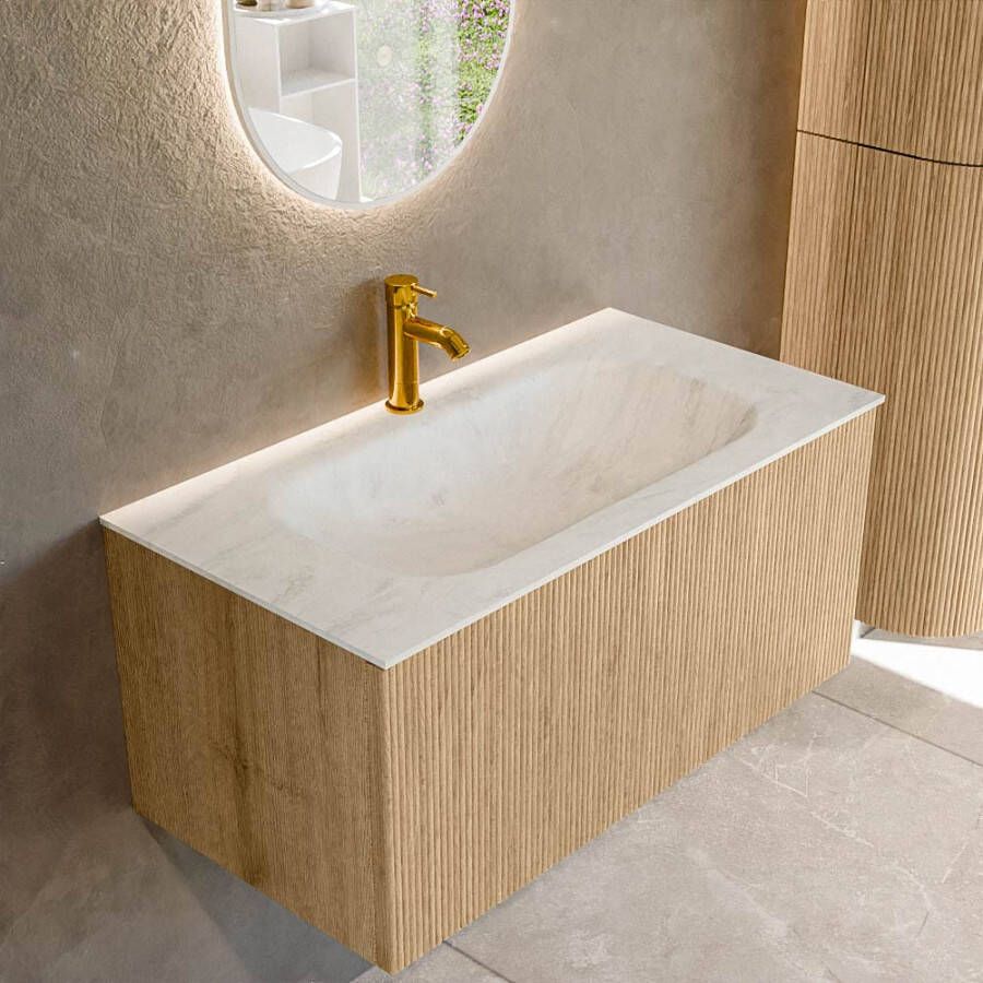 Mondiaz KURVE-DLUX 90 cm Onderkast Greeploos 1 Lade Zonder Deuren Oak Wastafel Solid Surface Midden Opalo 1 Kraangat Zonder Spiegel (KRVBGS901L0D1KM-Oak Opa)