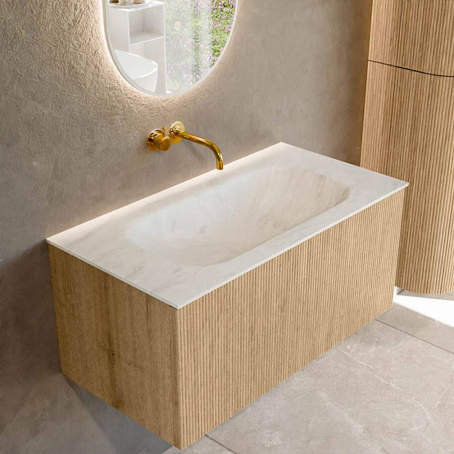 Mondiaz KURVE-DLUX 90 cm Onderkast Greeploos 1 Lade Zonder Deuren Oak Wastafel Solid Surface Midden Opalo 0 Kraangaten Zonder Spiegel (KRVBGS901L0D0KM-Oak Opa)