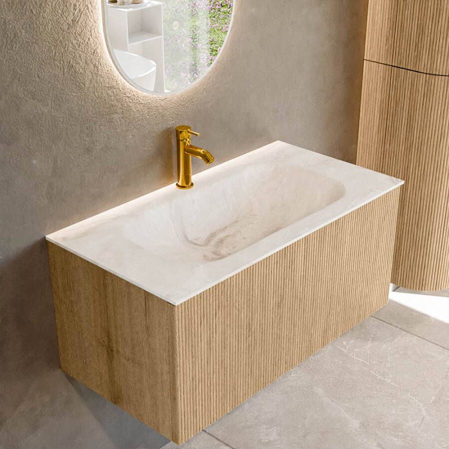Mondiaz KURVE-DLUX 90 cm Onderkast Greeploos 1 Lade Zonder Deuren Oak Wastafel Solid Surface Midden Frappe 1 Kraangat Zonder Spiegel (KRVBGS901L0D1KM-Oak Fra)