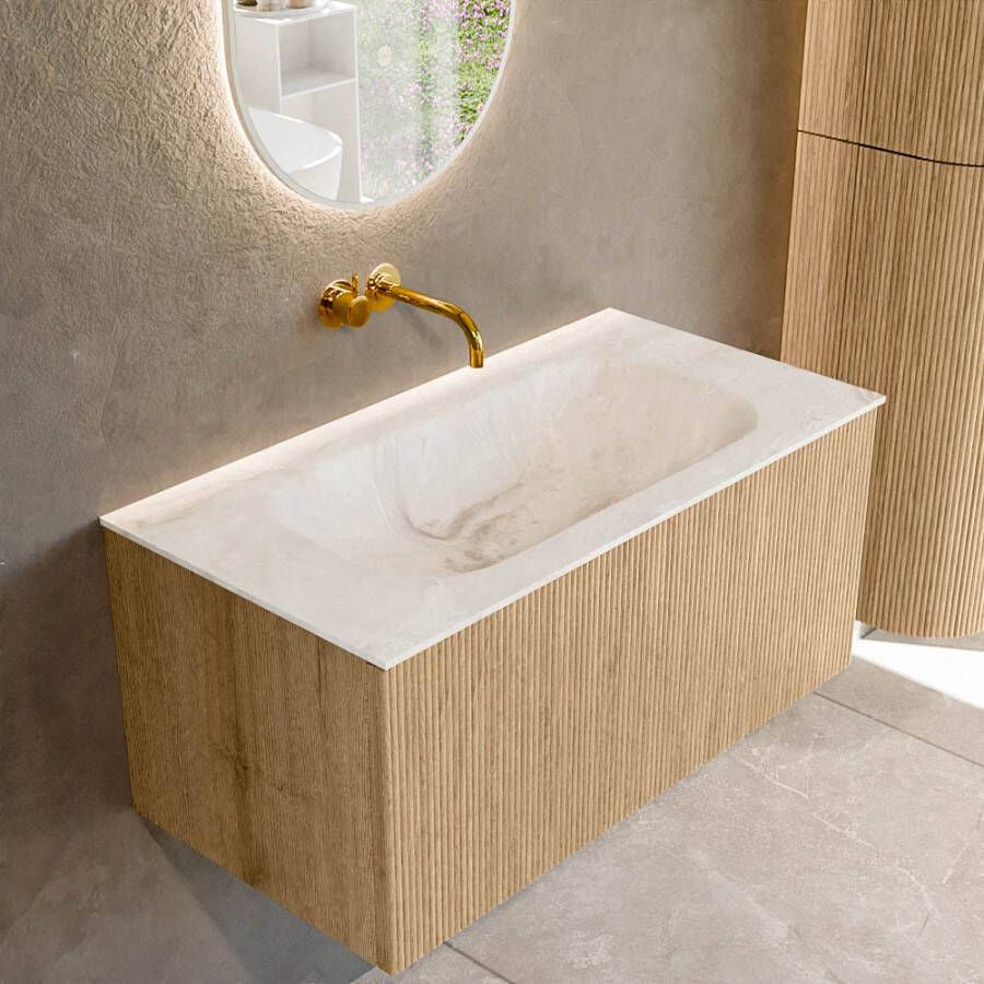 Mondiaz KURVE-DLUX 90 cm Onderkast Greeploos 1 Lade Zonder Deuren Oak Wastafel Solid Surface Midden Frappe 0 Kraangaten Zonder Spiegel (KRVBGS901L0D0KM-Oak Fra)