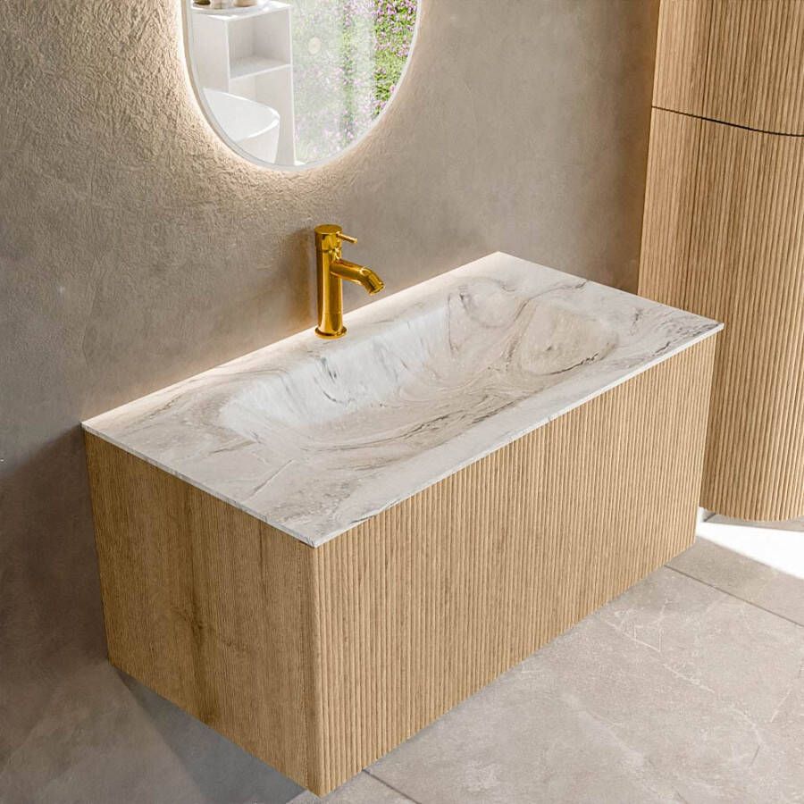 Mondiaz KURVE-DLUX 90 cm Onderkast Greeploos 1 Lade Zonder Deuren Oak Wastafel Solid Surface Midden Glace 1 Kraangat Zonder Spiegel (KRVBGS901L0D1KM-Oak Gla)