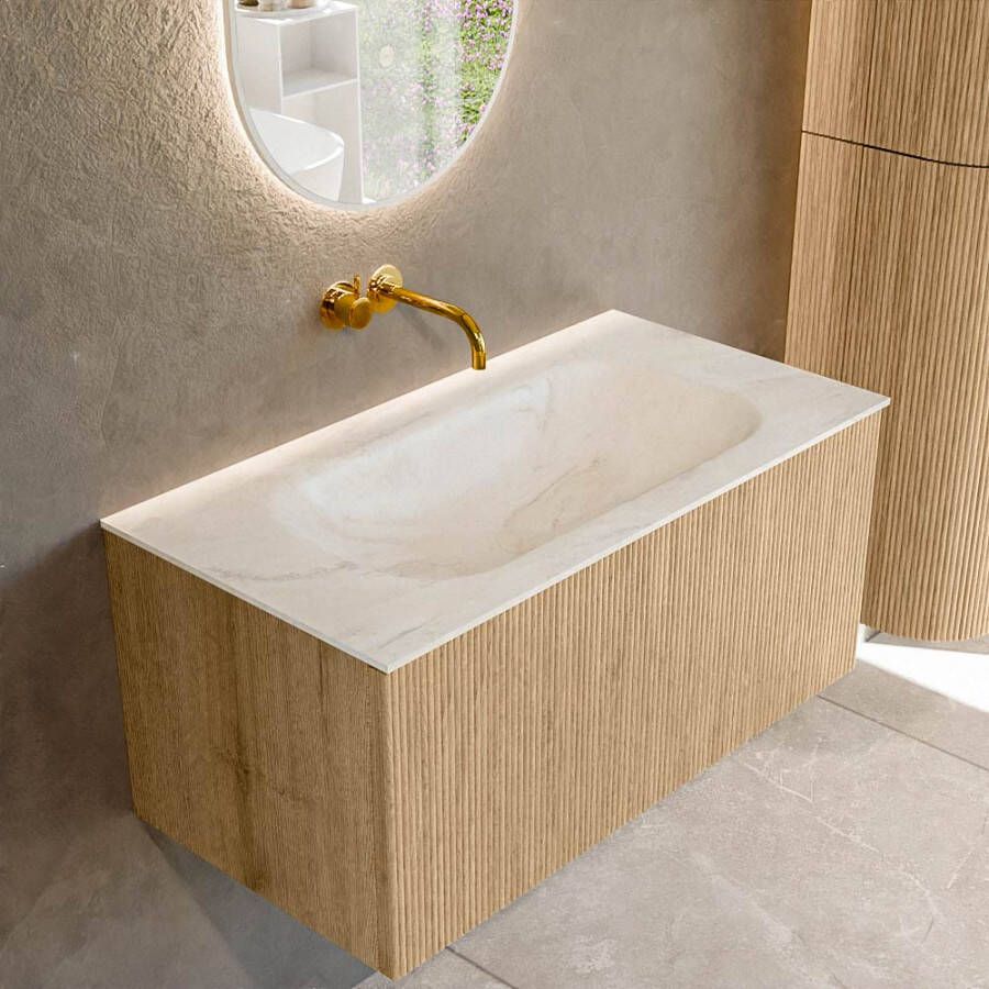Mondiaz KURVE-DLUX 90 cm Onderkast Greeploos 1 Lade Zonder Deuren Oak Wastafel Solid Surface Midden Ostra 0 Kraangaten Zonder Spiegel (KRVBGS901L0D0KM-Oak Ost)
