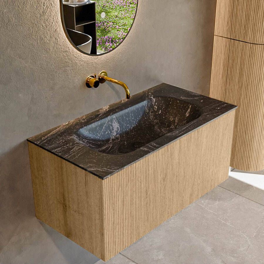 Mondiaz KURVE-DLUX 90 cm Onderkast Greeploos 1 Lade Zonder Deuren Oak Wastafel Solid Surface Midden Lava 0 Kraangaten Zonder Spiegel (KRVBGS901L0D0KM-Oak Lav)