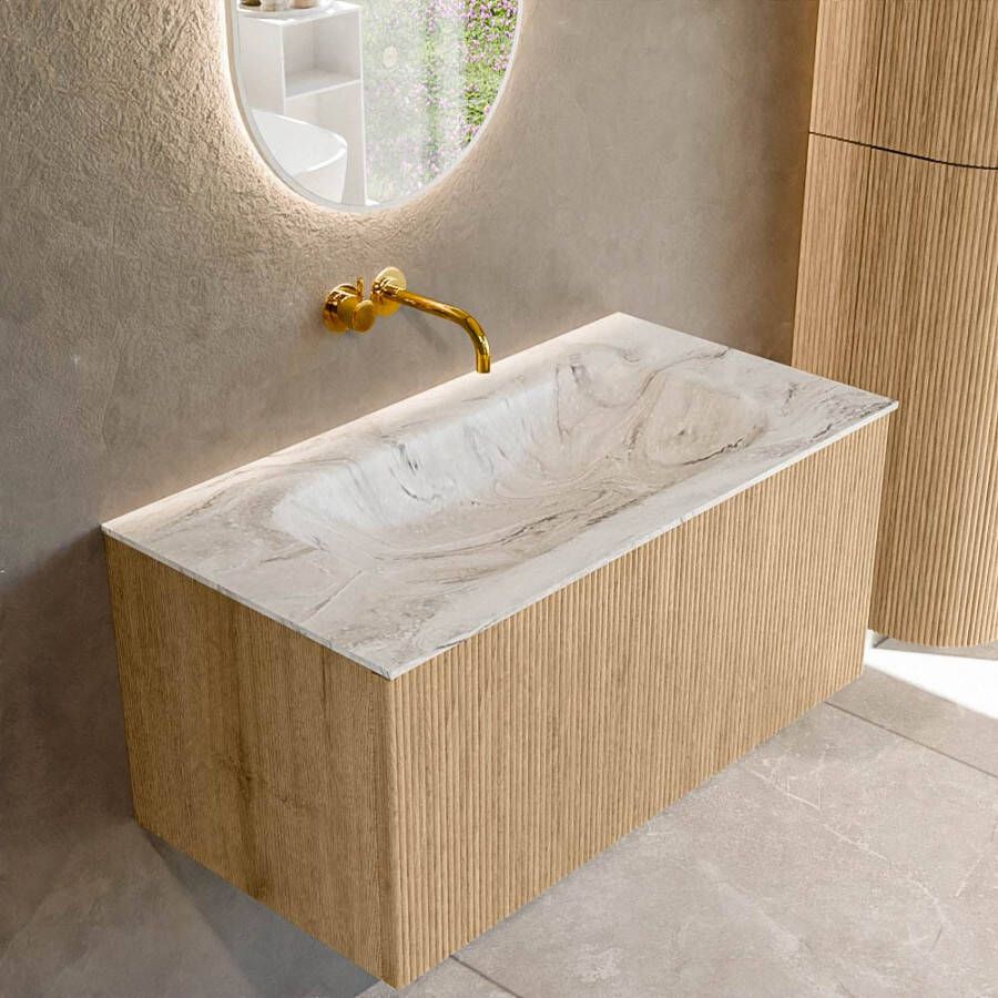 Mondiaz KURVE-DLUX 90 cm Onderkast Greeploos 1 Lade Zonder Deuren Oak Wastafel Solid Surface Midden Glace 0 Kraangaten Zonder Spiegel (KRVBGS901L0D0KM-Oak Gla)