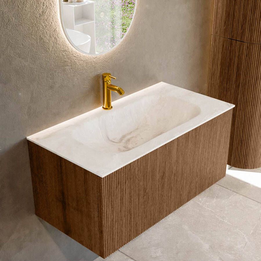 Mondiaz KURVE-DLUX 90 cm Onderkast Greeploos 1 Lade Zonder Deuren Walnut Wastafel Solid Surface Midden Frappe 1 Kraangat Zonder Spiegel (KRVBGS901L0D1KM-Wal Fra)