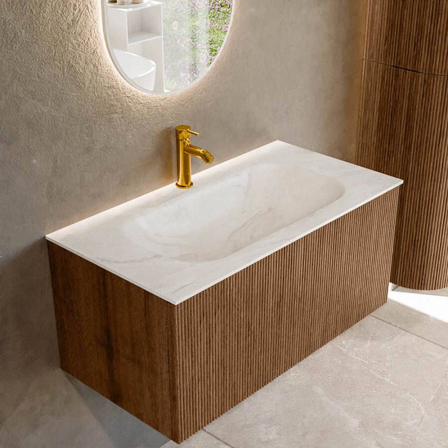 Mondiaz KURVE-DLUX 90 cm Onderkast Greeploos 1 Lade Zonder Deuren Walnut Wastafel Solid Surface Midden Ostra 1 Kraangat Zonder Spiegel (KRVBGS901L0D1KM-Wal Ost)