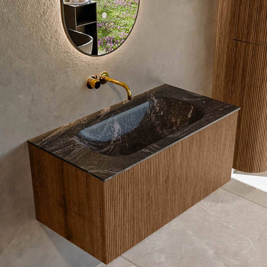 Mondiaz KURVE-DLUX 90 cm Onderkast Greeploos 1 Lade Zonder Deuren Walnut Wastafel Solid Surface Midden Lava 0 Kraangaten Zonder Spiegel (KRVBGS901L0D0KM-Wal Lav)