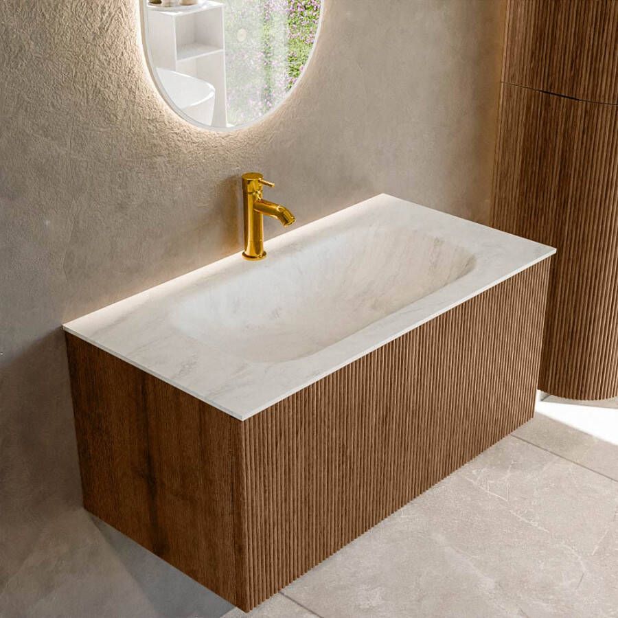 Mondiaz KURVE-DLUX 90 cm Onderkast Greeploos 1 Lade Zonder Deuren Walnut Wastafel Solid Surface Midden Opalo 1 Kraangat Zonder Spiegel (KRVBGS901L0D1KM-Wal Opa)