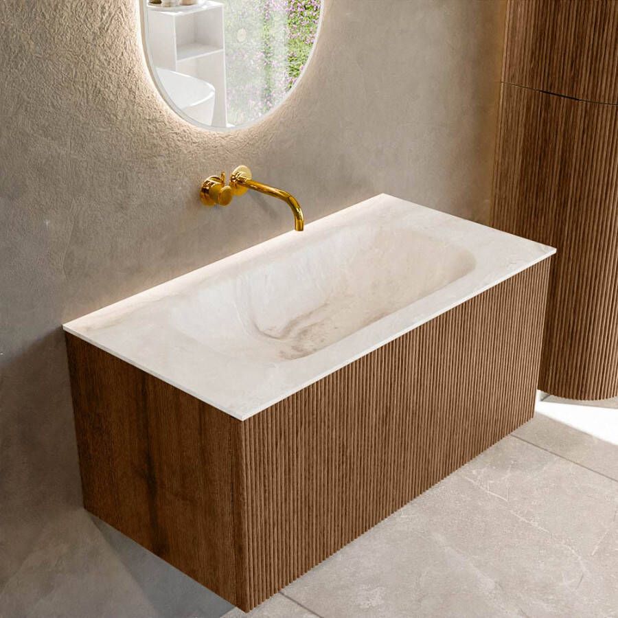 Mondiaz KURVE-DLUX 90 cm Onderkast Greeploos 1 Lade Zonder Deuren Walnut Wastafel Solid Surface Midden Frappe 0 Kraangaten Zonder Spiegel (KRVBGS901L0D0KM-Wal Fra)