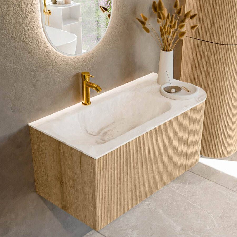 Mondiaz KURVE-DLUX 95cm badmeubel met module 25 R kleur Oak met 1 lade en 1 deur. Wastafel BIG SMALL links 1 kraangat kleur Frappe. KRVBGS95R1L1D1KL-Oak Fra