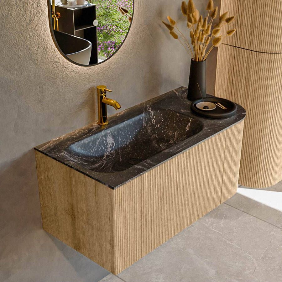 Mondiaz KURVE-DLUX 95cm badmeubel met module 25 R kleur Oak met 1 lade en 1 deur. Wastafel BIG SMALL links 1 kraangat kleur Lava. KRVBGS95R1L1D1KL-Oak Lav