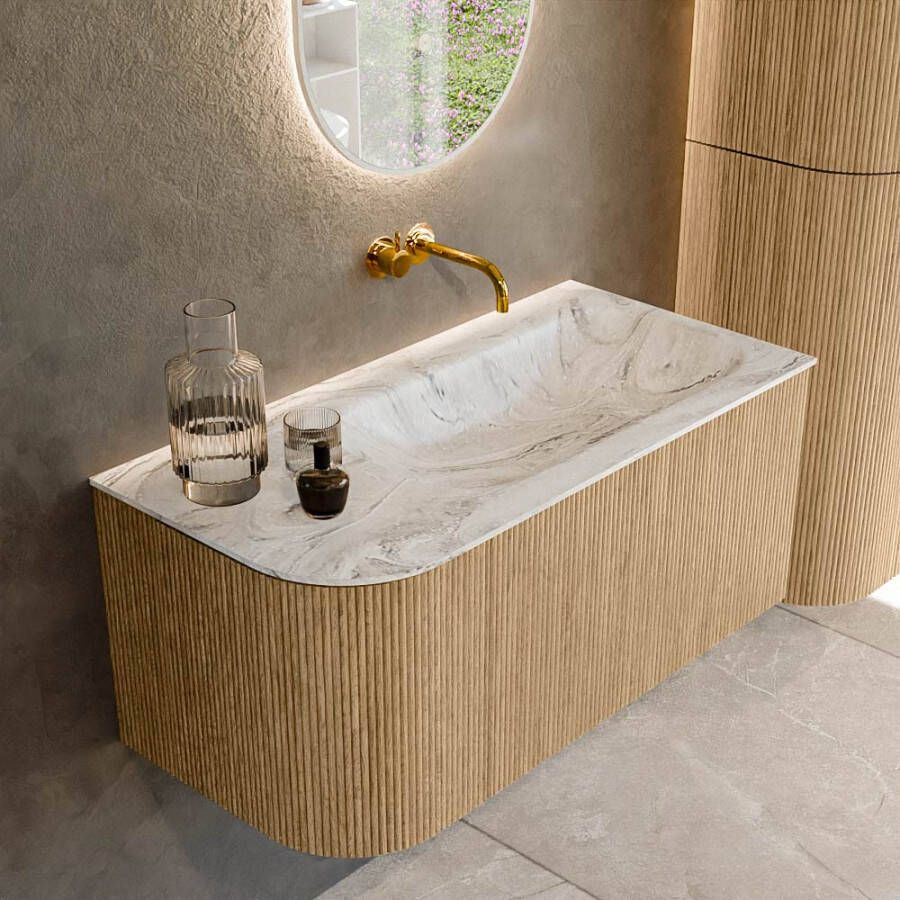 Mondiaz KURVE-DLUX 95cm badmeubel met module 25 L kleur Oak met 1 lade en 1 deur. Wastafel BIG SMALL rechts zonder kraangat kleur Glace. KRVBGS95L1L1D0KR-Oak Gla