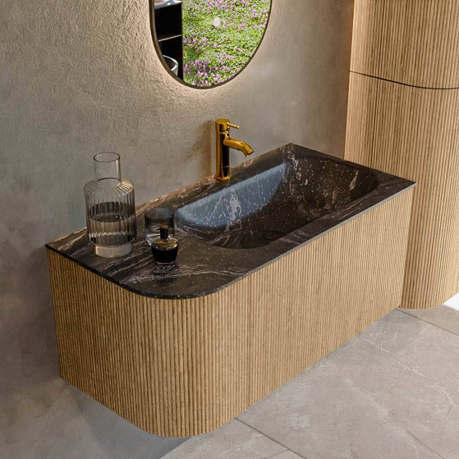 Mondiaz KURVE-DLUX 95cm badmeubel met module 25 L kleur Oak met 1 lade en 1 deur. Wastafel BIG SMALL rechts 1 kraangat kleur Lava. KRVBGS95L1L1D1KR-Oak Lav