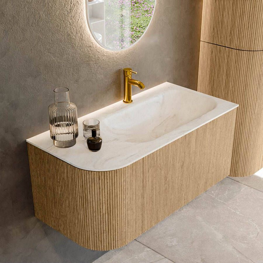 Mondiaz KURVE-DLUX 95cm badmeubel met module 25 L kleur Oak met 1 lade en 1 deur. Wastafel BIG SMALL rechts 1 kraangat kleur Ostra. KRVBGS95L1L1D1KR-Oak Ost