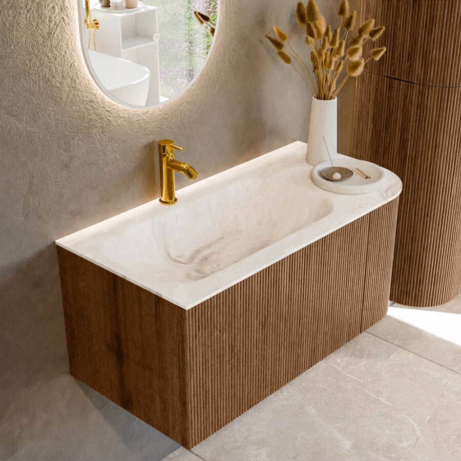Mondiaz KURVE-DLUX 95cm badmeubel met module 25 R kleur Walnut met 1 lade en 1 deur. Wastafel BIG SMALL links 1 kraangat kleur Frappe. KRVBGS95R1L1D1KL-Wal Fra