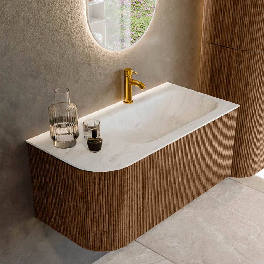 Mondiaz KURVE-DLUX 95cm badmeubel met module 25 L kleur Walnut met 1 lade en 1 deur. Wastafel BIG SMALL rechts 1 kraangat kleur Opalo. KRVBGS95L1L1D1KR-Wal Opa