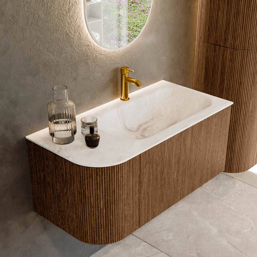 Mondiaz KURVE-DLUX 95cm badmeubel met module 25 L kleur Walnut met 1 lade en 1 deur. Wastafel BIG SMALL rechts 1 kraangat kleur Frappe. KRVBGS95L1L1D1KR-Wal Fra