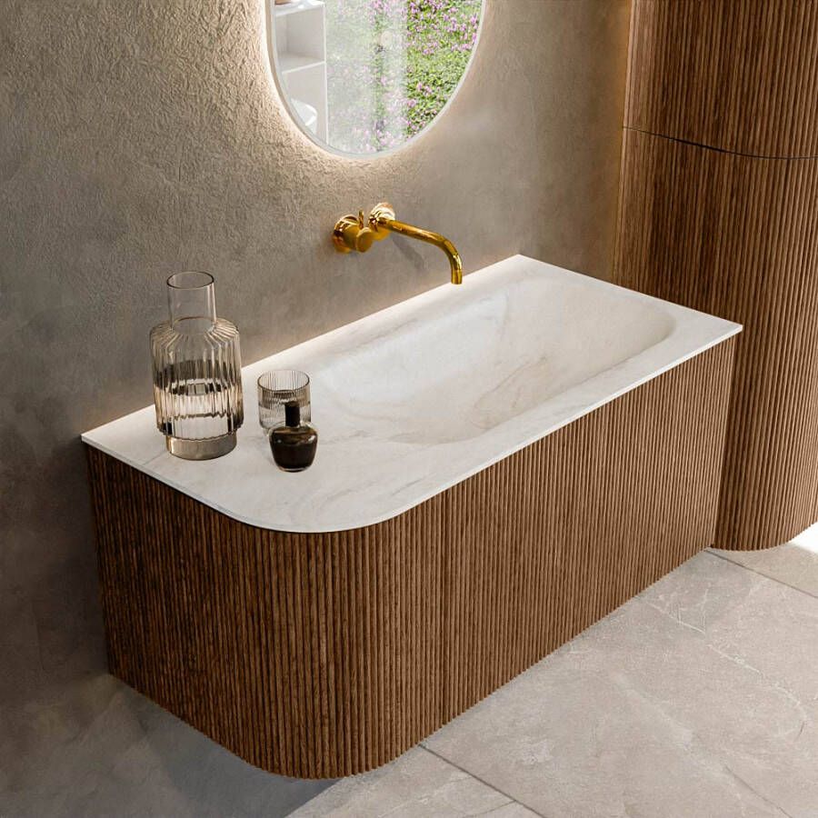 Mondiaz KURVE-DLUX 95cm badmeubel met module 25 L kleur Walnut met 1 lade en 1 deur. Wastafel BIG SMALL rechts zonder kraangat kleur Ostra. KRVBGS95L1L1D0KR-Wal Ost