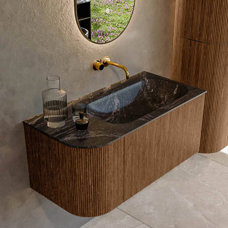 Mondiaz KURVE-DLUX 95cm badmeubel met module 25 L kleur Walnut met 1 lade en 1 deur. Wastafel BIG SMALL rechts zonder kraangat kleur Lava. KRVBGS95L1L1D0KR-Wal Lav