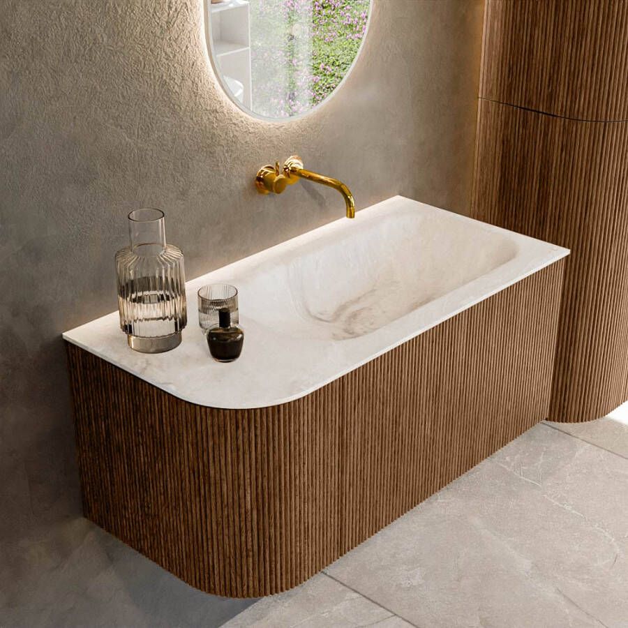 Mondiaz KURVE-DLUX 95cm badmeubel met module 25 L kleur Walnut met 1 lade en 1 deur. Wastafel BIG SMALL rechts zonder kraangat kleur Frappe. KRVBGS95L1L1D0KR-Wal Fra