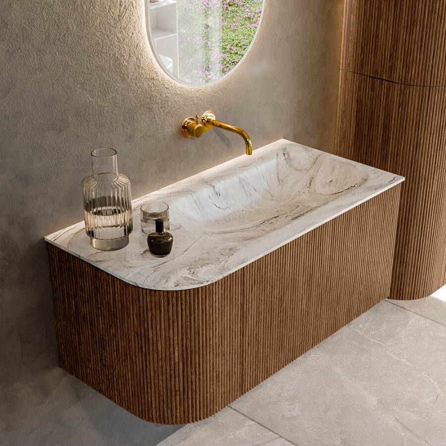 Mondiaz KURVE-DLUX 95cm badmeubel met module 25 L kleur Walnut met 1 lade en 1 deur. Wastafel BIG SMALL rechts zonder kraangat kleur Glace. KRVBGS95L1L1D0KR-Wal Gla