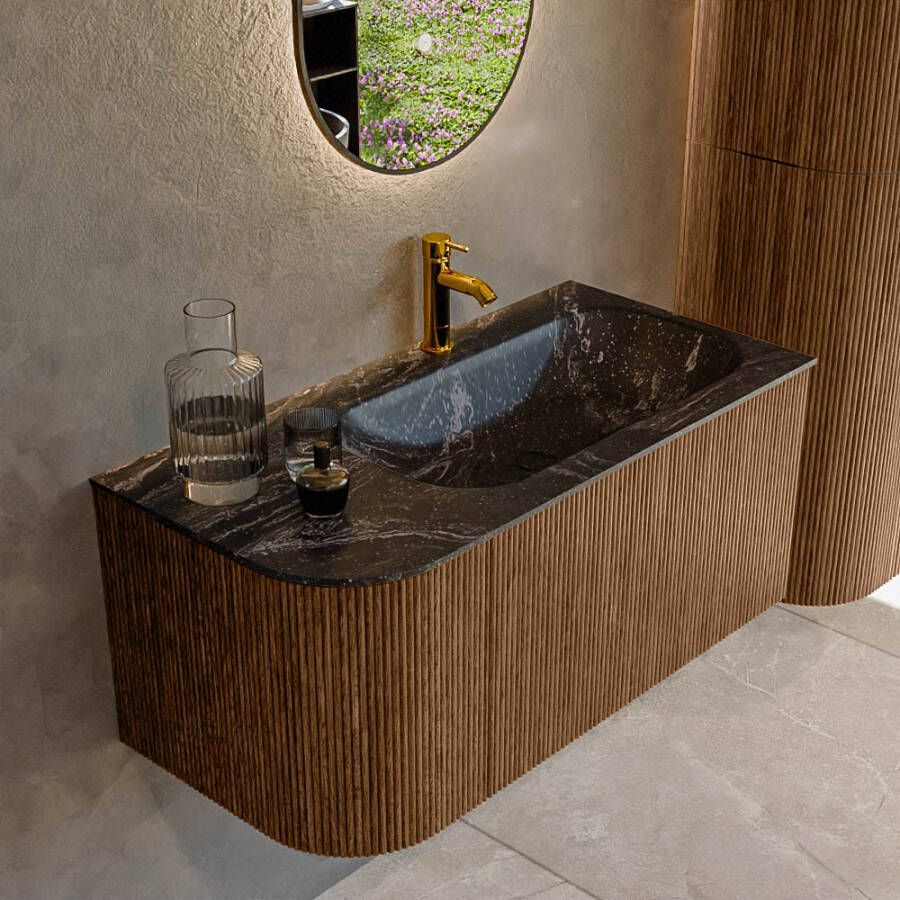 Mondiaz KURVE-DLUX 95cm badmeubel met module 25 L kleur Walnut met 1 lade en 1 deur. Wastafel BIG SMALL rechts 1 kraangat kleur Lava. KRVBGS95L1L1D1KR-Wal Lav