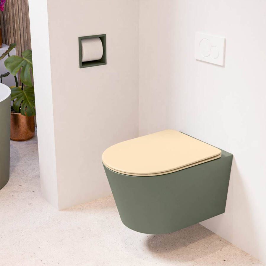 Mondiaz LAVIE wandclosetpack 36x53cm diepspoel rimless Army (groen) softclose quick-release toiletzitting Sand (beige) LAVIEsetArmSan