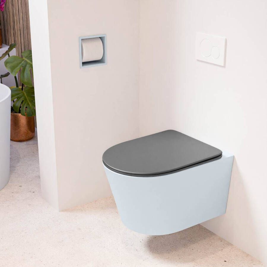Mondiaz LAVIE wandclosetpack 36x53cm diepspoel rimless clay (blauw) softclose quick-release toiletzitting Dark grey (grijs) LAVIEsetClaDgr