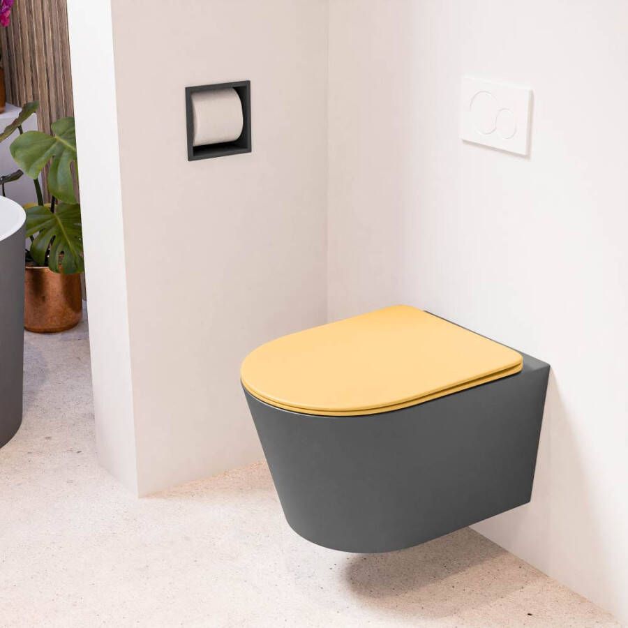 Mondiaz LAVIE hangend toilet single fire rimless diepspoel Dark Grey Toiletzitting met quick-release & softclose Ocher