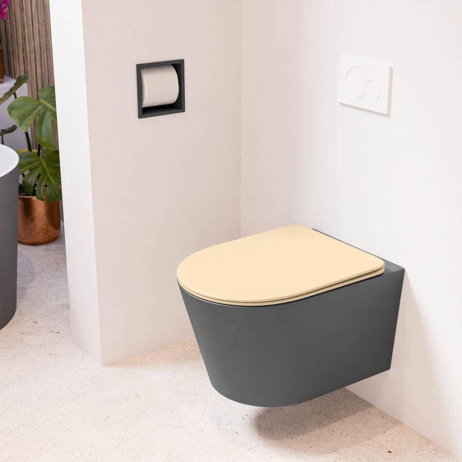 Mondiaz LAVIE hangend toilet single fire rimless diepspoel Dark Grey Toiletzitting met quick-release & softclose Sand